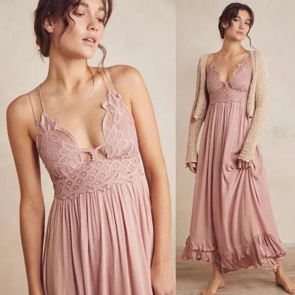 Free People Adella Pink Lace flowy crinkle linen Cottagecore Y2K Maxi Dress - Picture 1 of 16